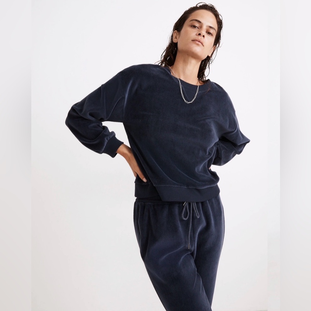 Madewell MWL Velour Crewneck Sweatshirt Dark Baltic Navy Size Medium